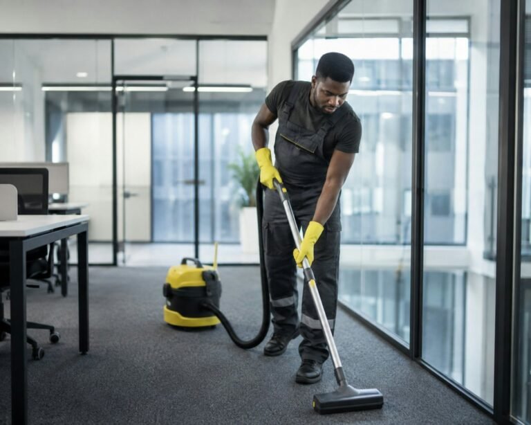Préposé à l’entretien passant l’aspirateur dans un bureau